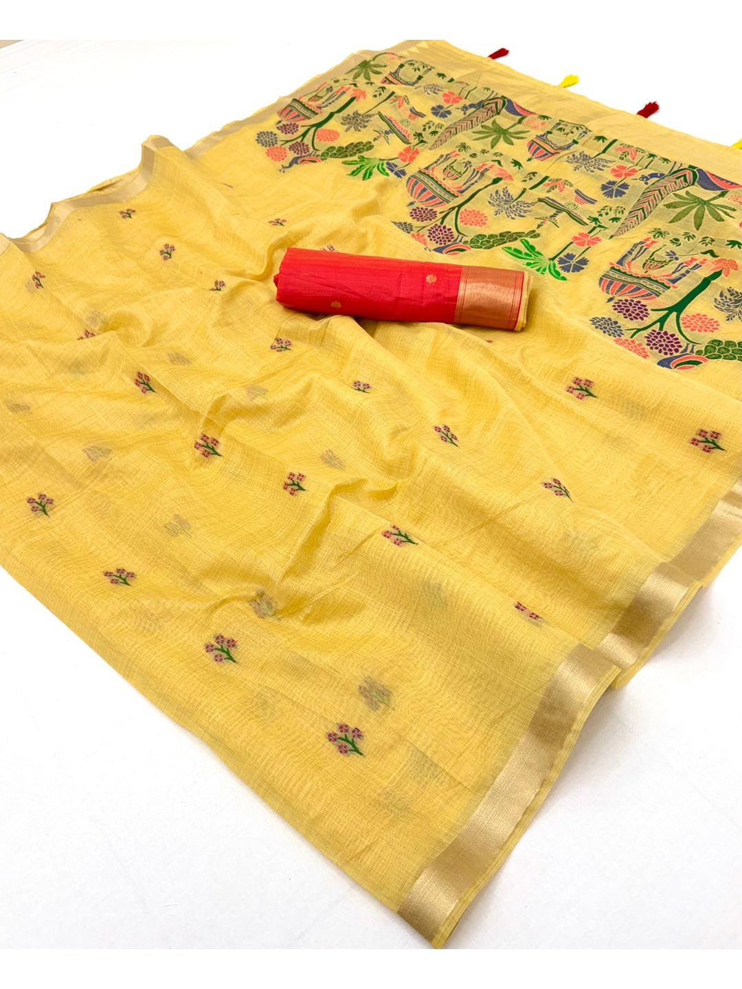 Peachmode Yellow Jamdani Palace Woven Silk Cotton Blend Saree - Image 3