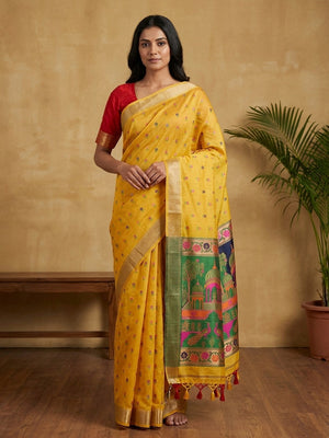 Peachmode Yellow Jamdani Palace Woven Silk Cotton Blend Saree - Image 1