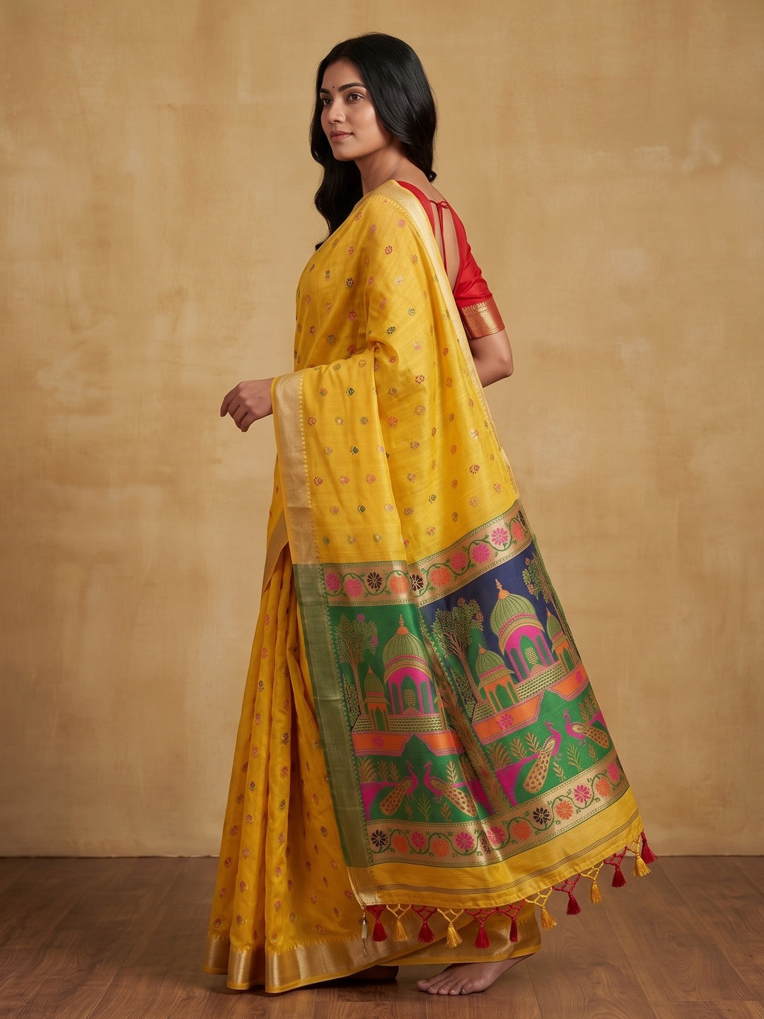 Peachmode Yellow Jamdani Palace Woven Silk Cotton Blend Saree - Image 4