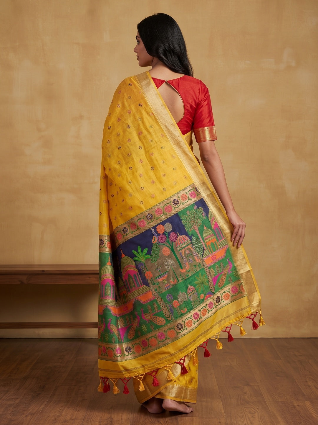 Peachmode Yellow Jamdani Palace Woven Silk Cotton Blend Saree - Image 5