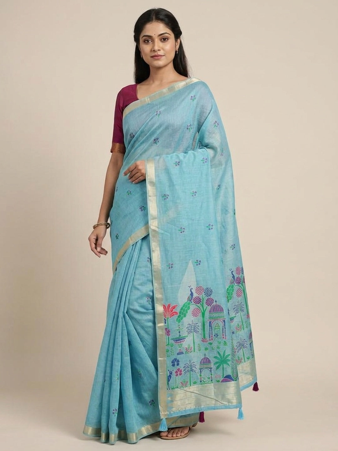 Peachmode Sky Blue Jamdani Palace Woven Silk Cotton Blend Saree - Image 1