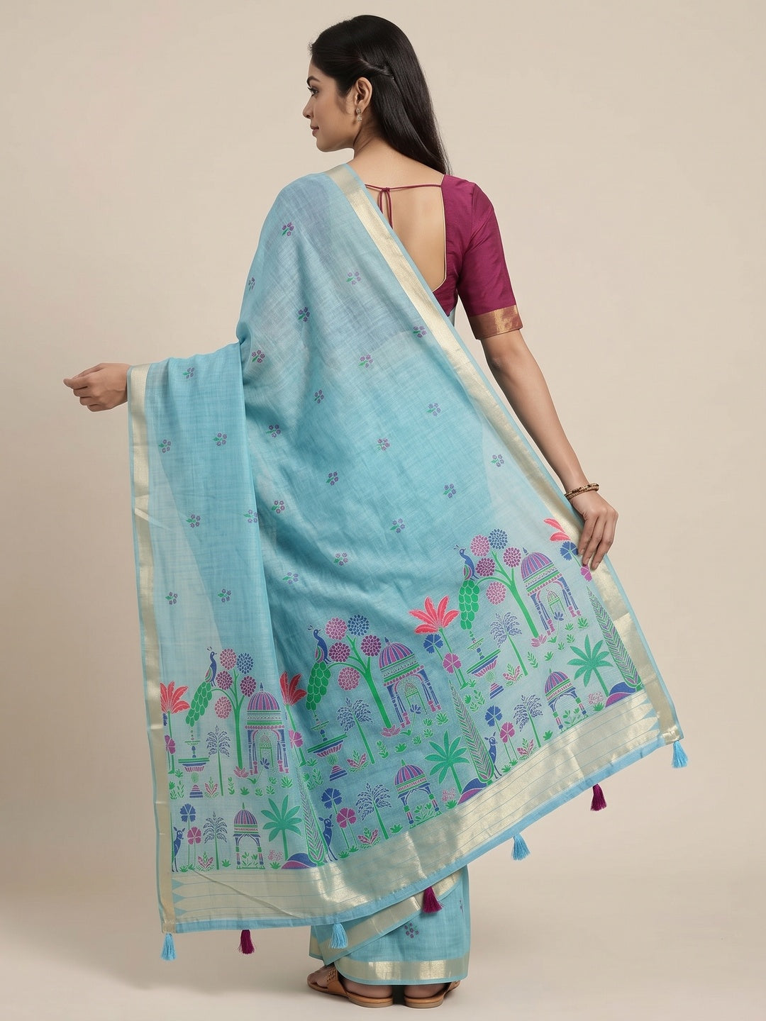 Peachmode Sky Blue Jamdani Palace Woven Silk Cotton Blend Saree - Image 5