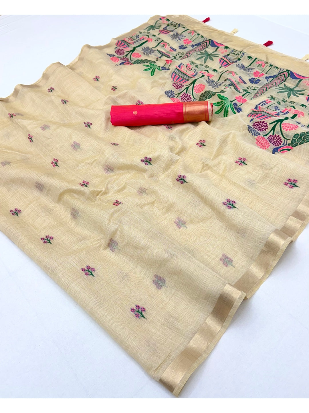 Peachmode Cream Jamdani Palace Woven Silk Cotton Blend Saree - Image 3