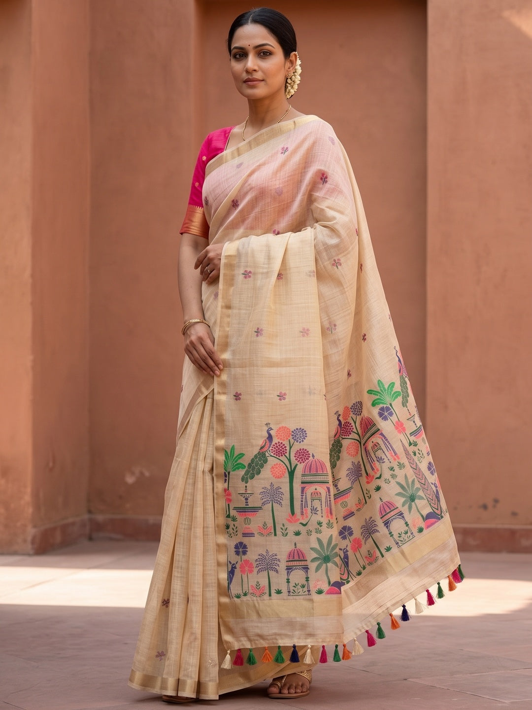 Peachmode Cream Jamdani Palace Woven Silk Cotton Blend Saree - Image 4