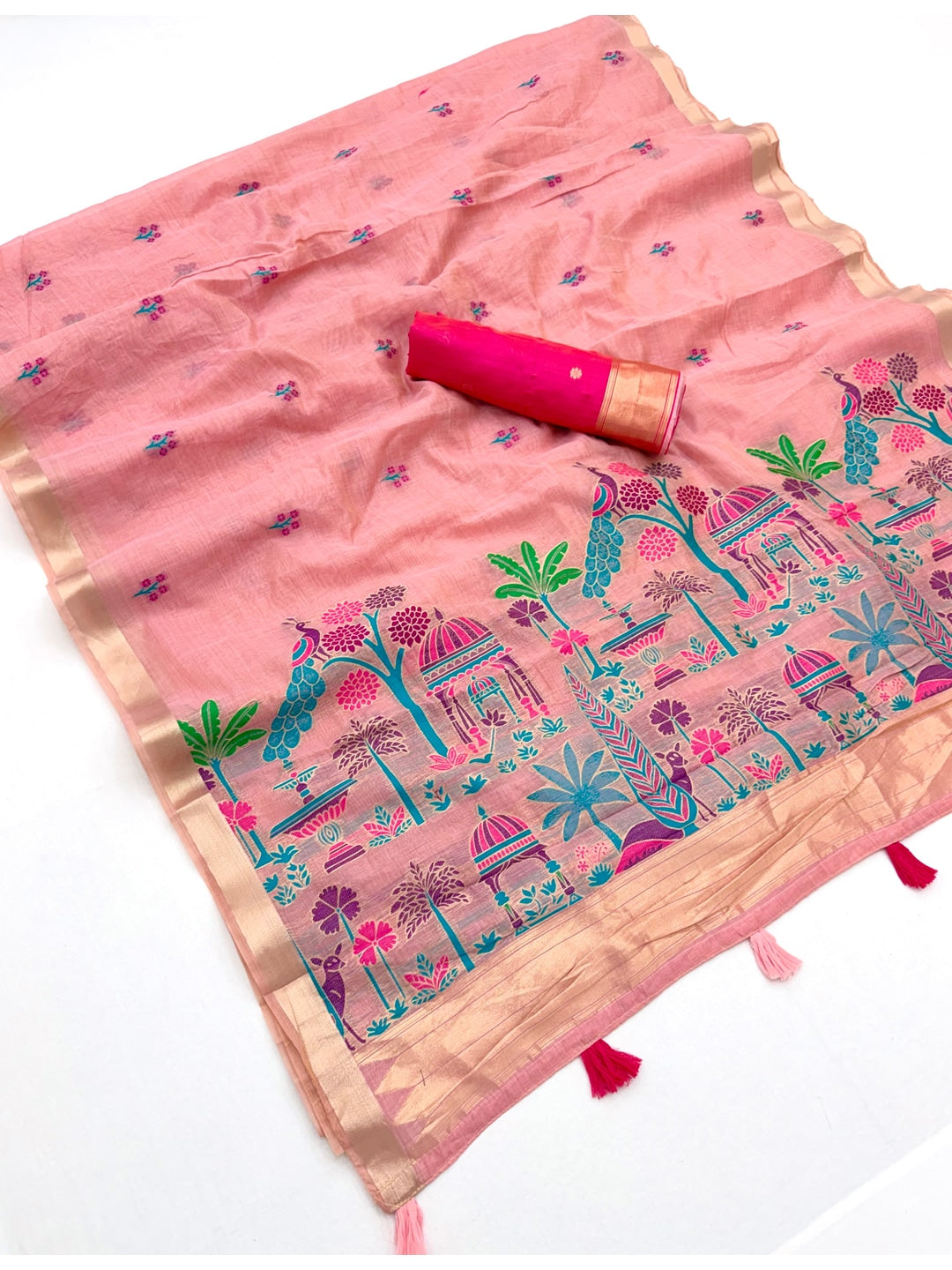 Peachmode Pink Jamdani Palace Woven Silk Cotton Blend Saree - Image 2