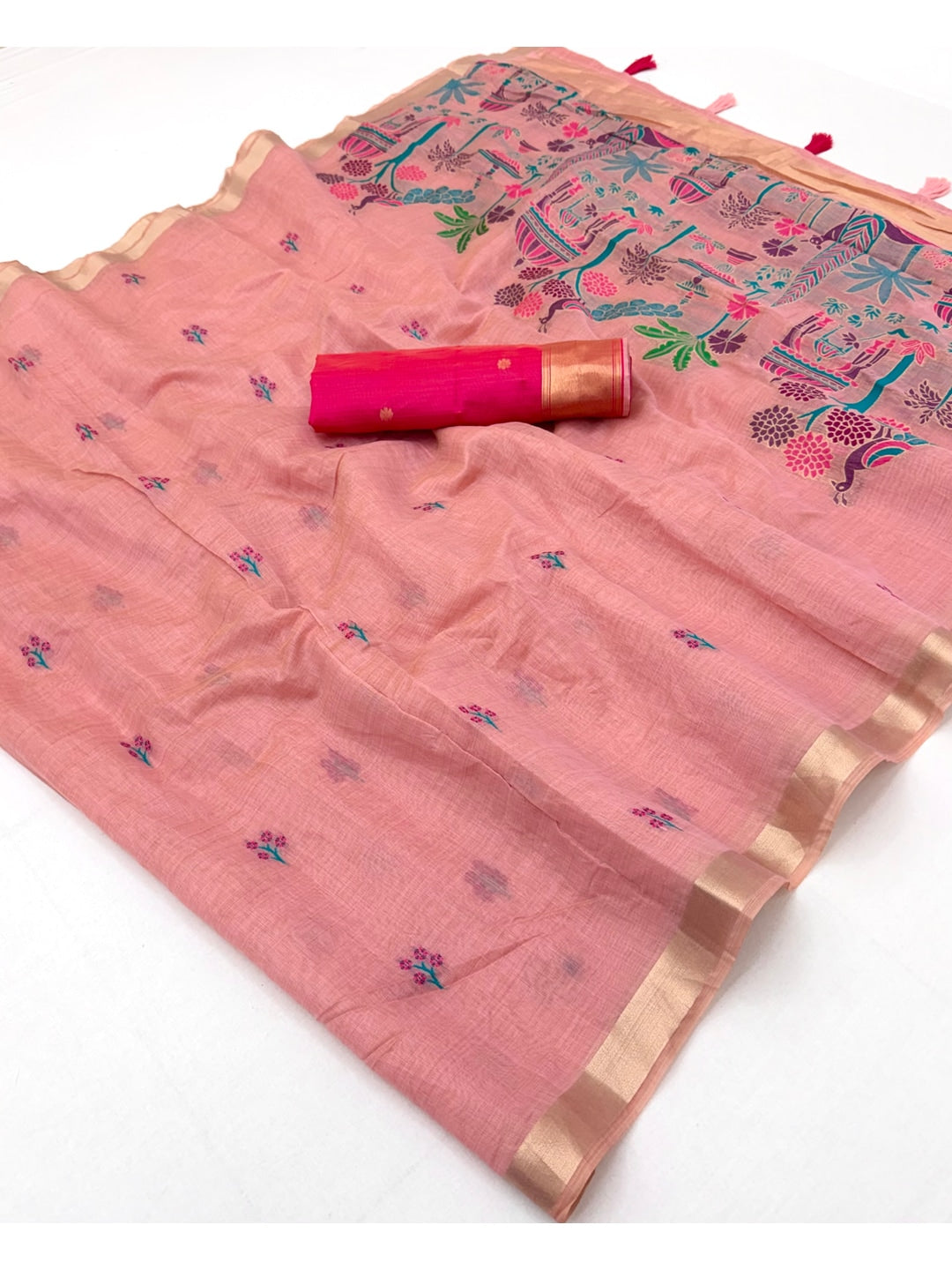 Peachmode Pink Jamdani Palace Woven Silk Cotton Blend Saree - Image 3