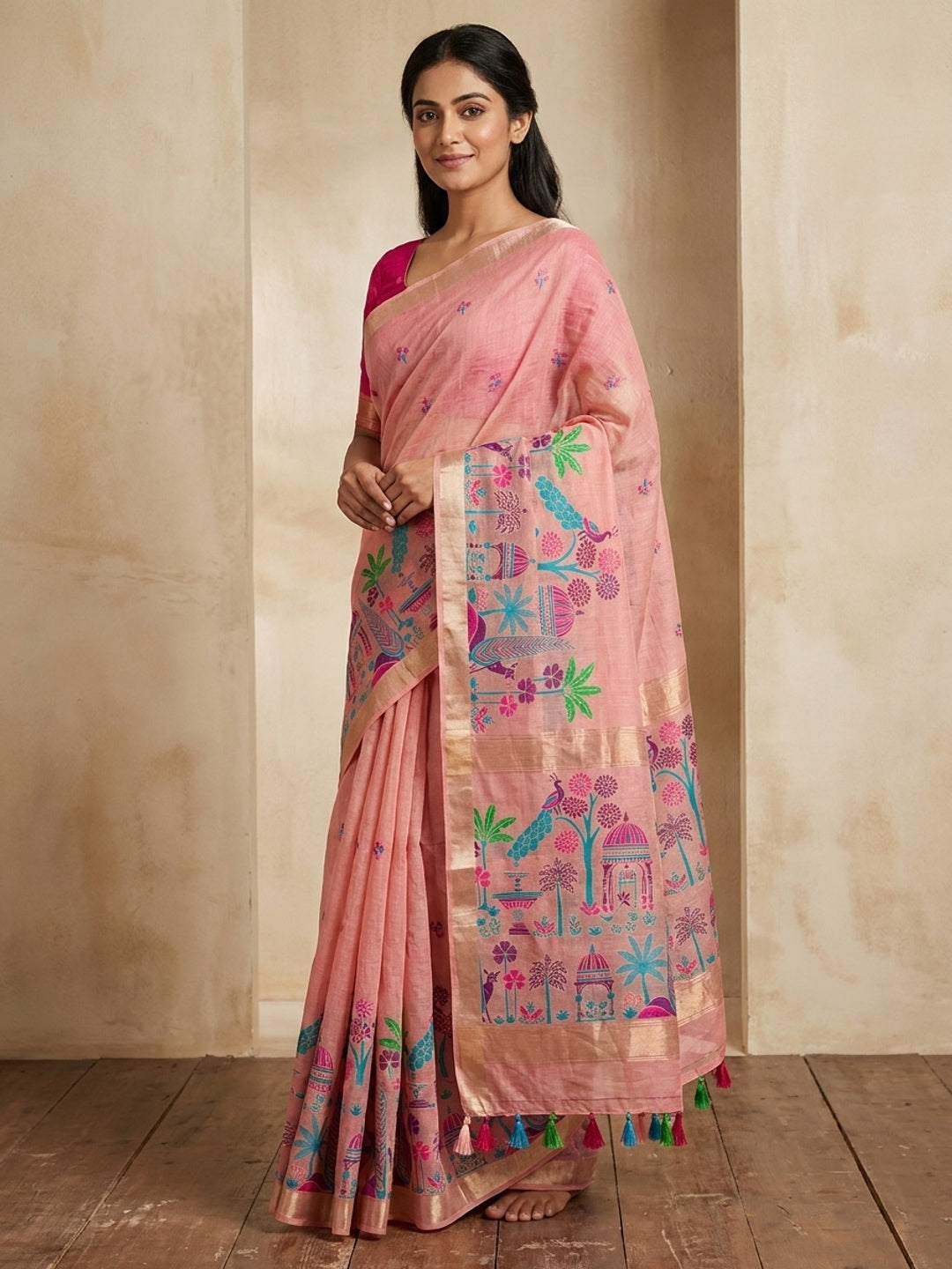 Peachmode Pink Jamdani Palace Woven Silk Cotton Blend Saree - Image 1