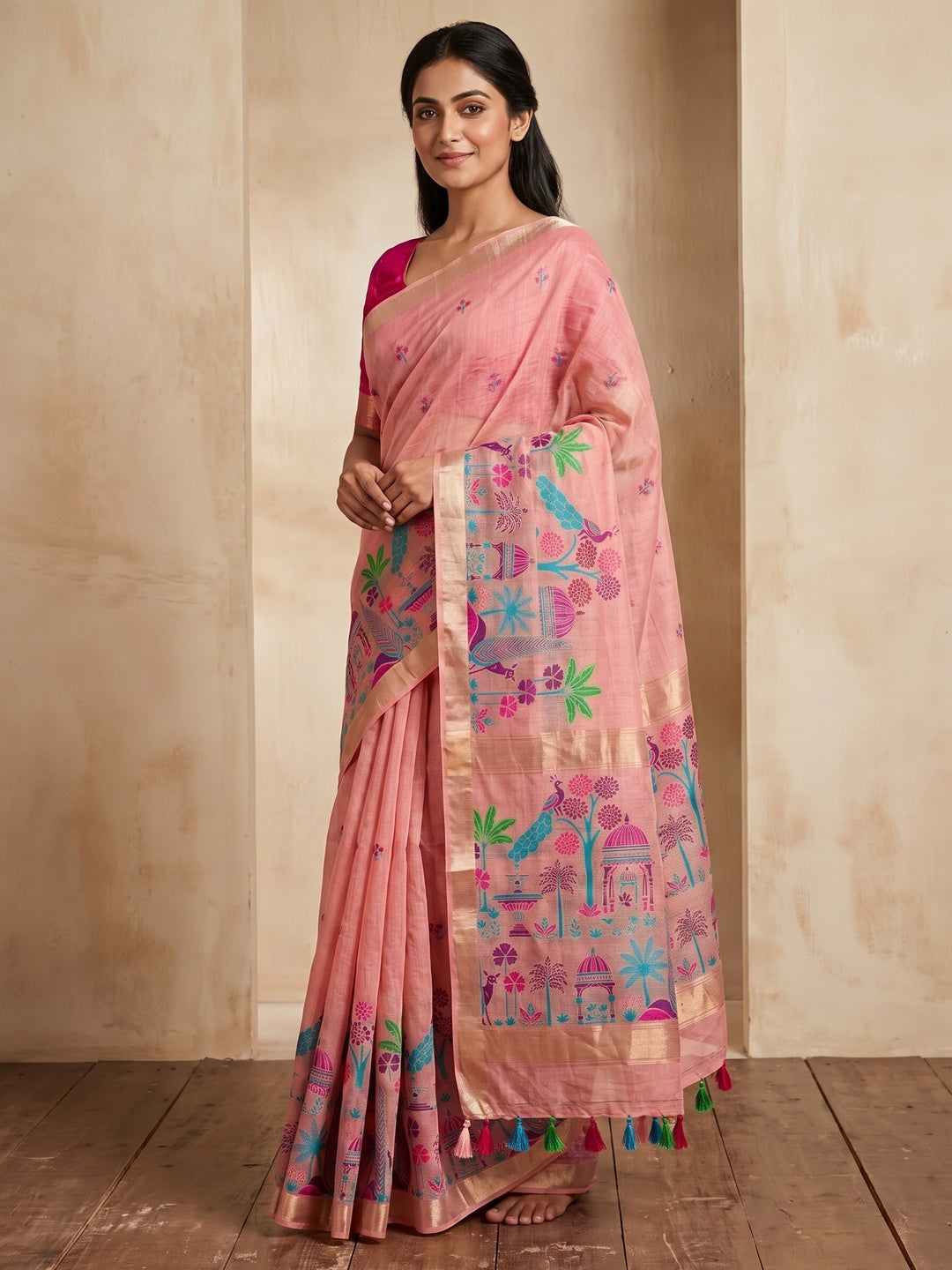 Peachmode Pink Jamdani Palace Woven Silk Cotton Blend Saree - Image 4