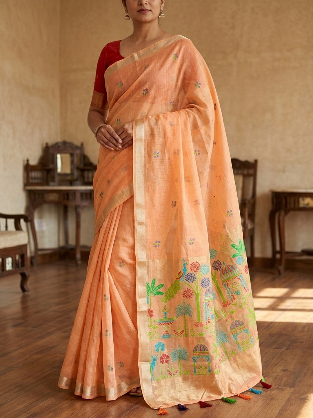 Peachmode Peach Jamdani Palace Woven Silk Cotton Blend Saree - Image 4