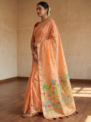 Peachmode Peach Jamdani Palace Woven Silk Cotton Blend Saree - Image 1