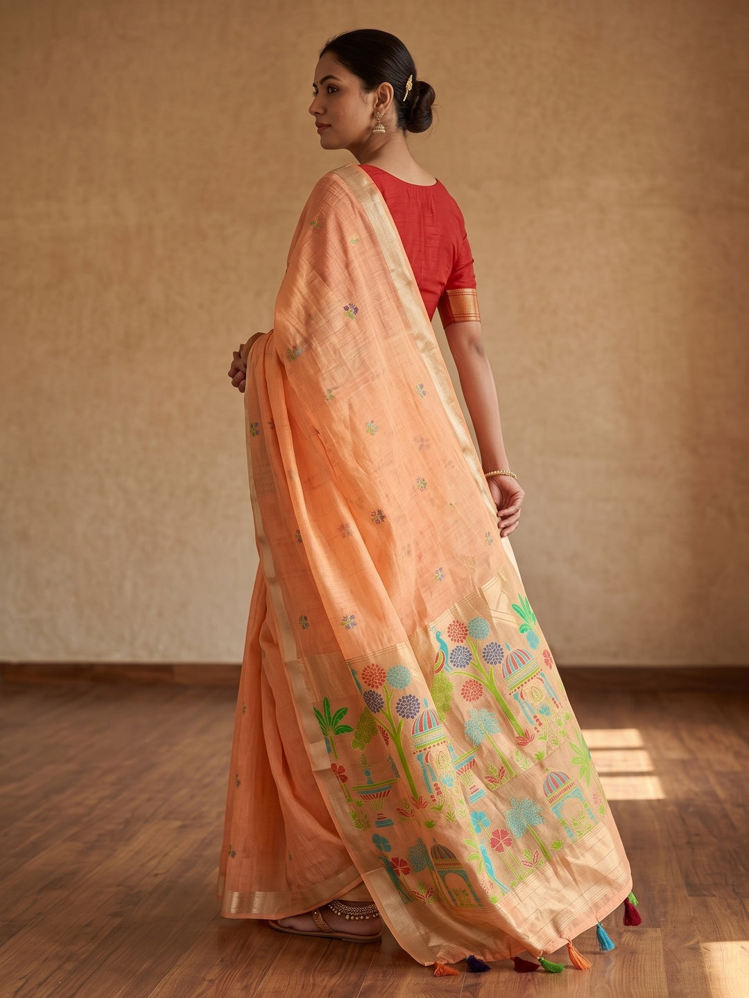 Peachmode Peach Jamdani Palace Woven Silk Cotton Blend Saree - Image 5