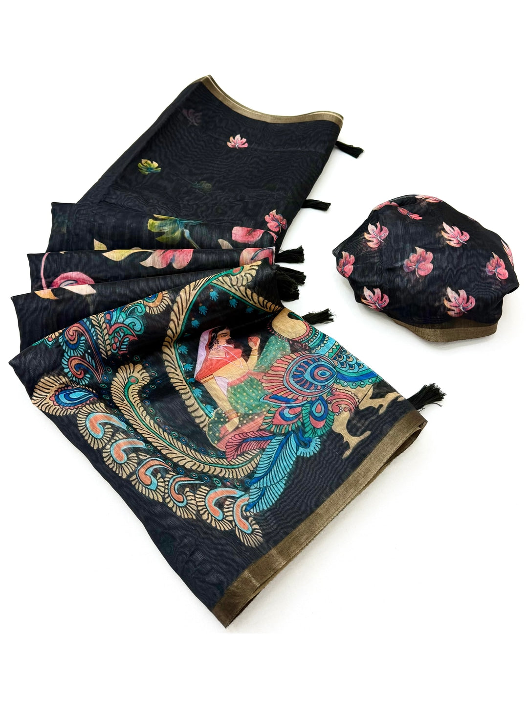 Peachmode Black Kalamkari Printed Chanderi Linen Saree - Image 3