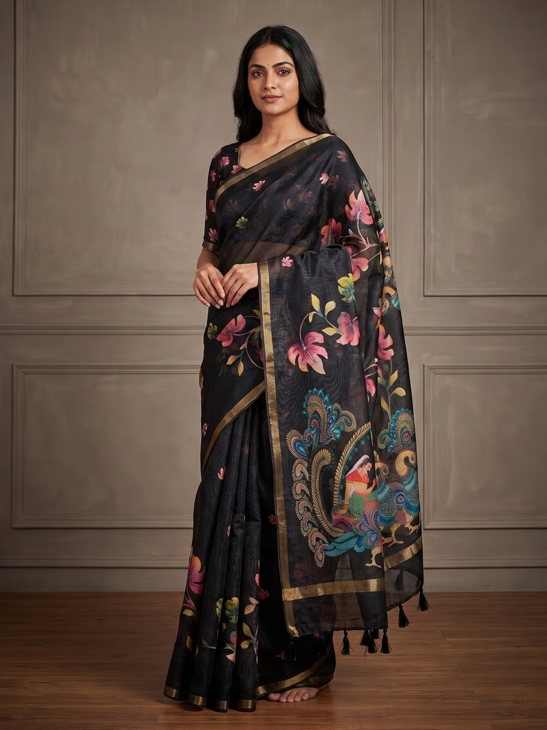 Peachmode Black Kalamkari Printed Chanderi Linen Saree - Image 4