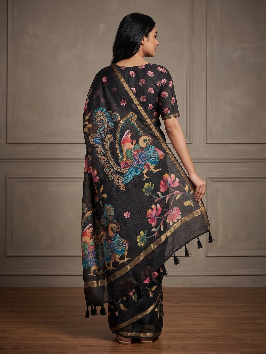 Peachmode Black Kalamkari Printed Chanderi Linen Saree - Image 5