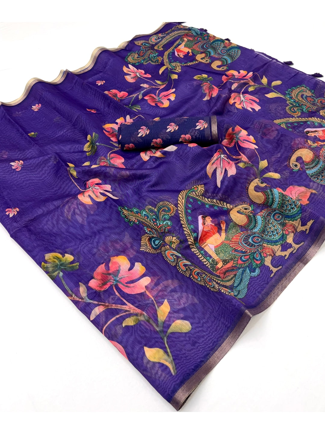 Peachmode Purple Kalamkari Printed Chanderi Linen Saree - Image 2