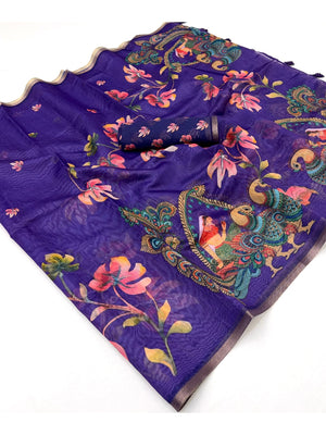 Peachmode Purple Kalamkari Printed Chanderi Linen Saree - Image 2
