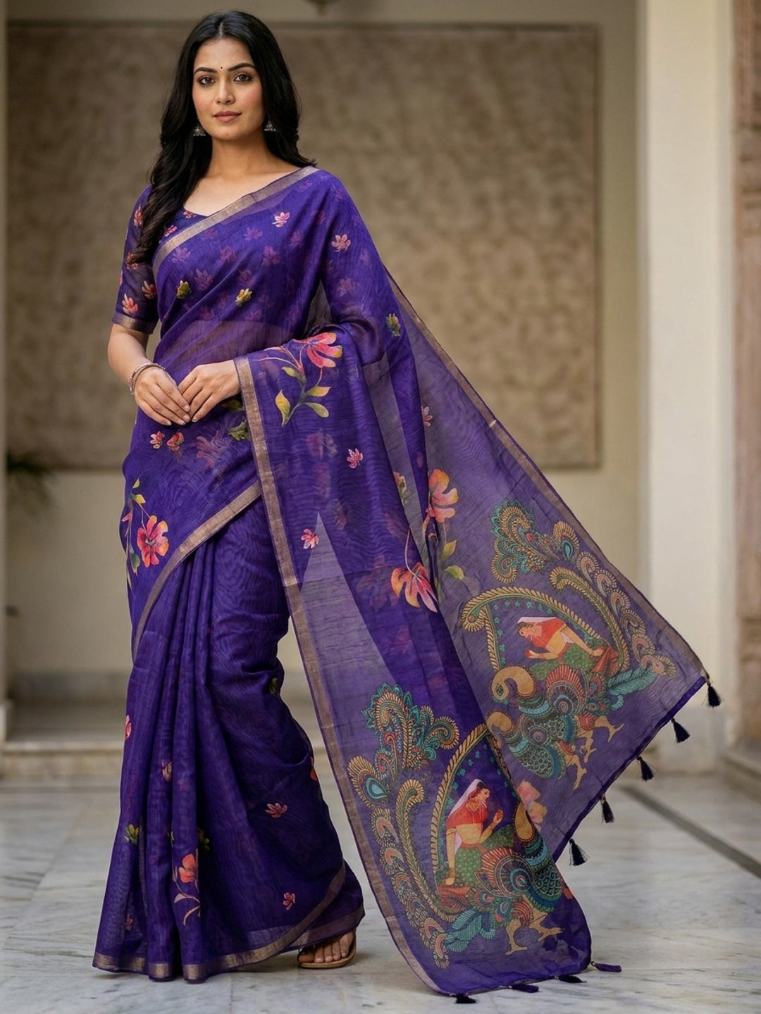 Peachmode Purple Kalamkari Printed Chanderi Linen Saree - Image 1