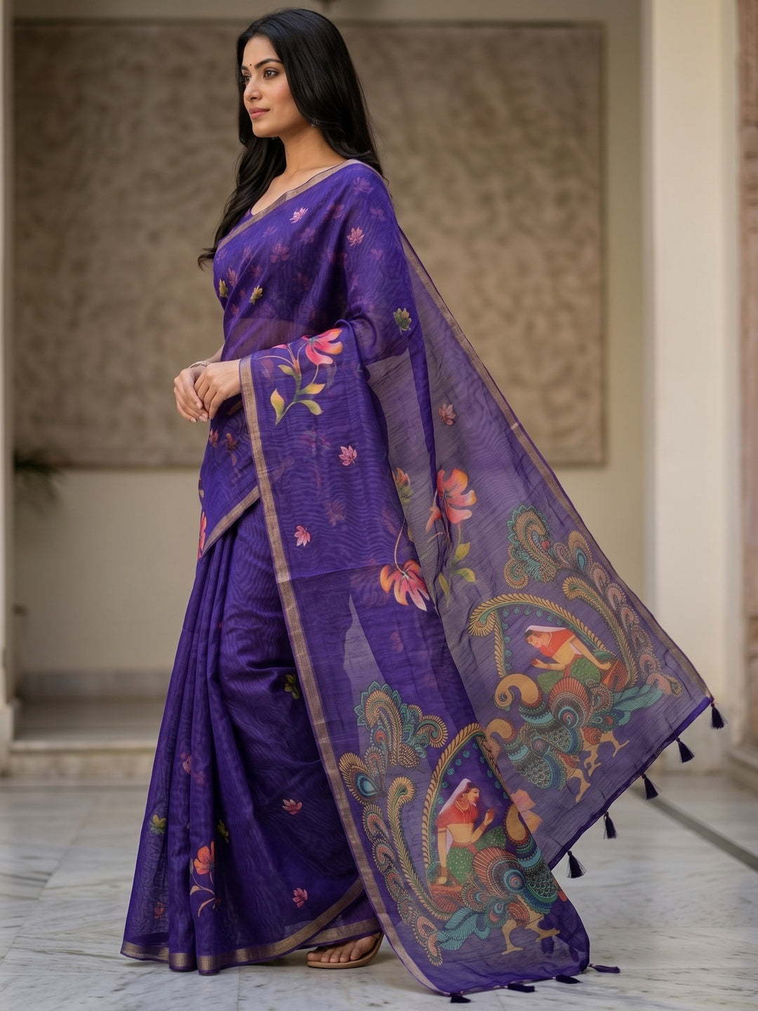 Peachmode Purple Kalamkari Printed Chanderi Linen Saree - Image 4