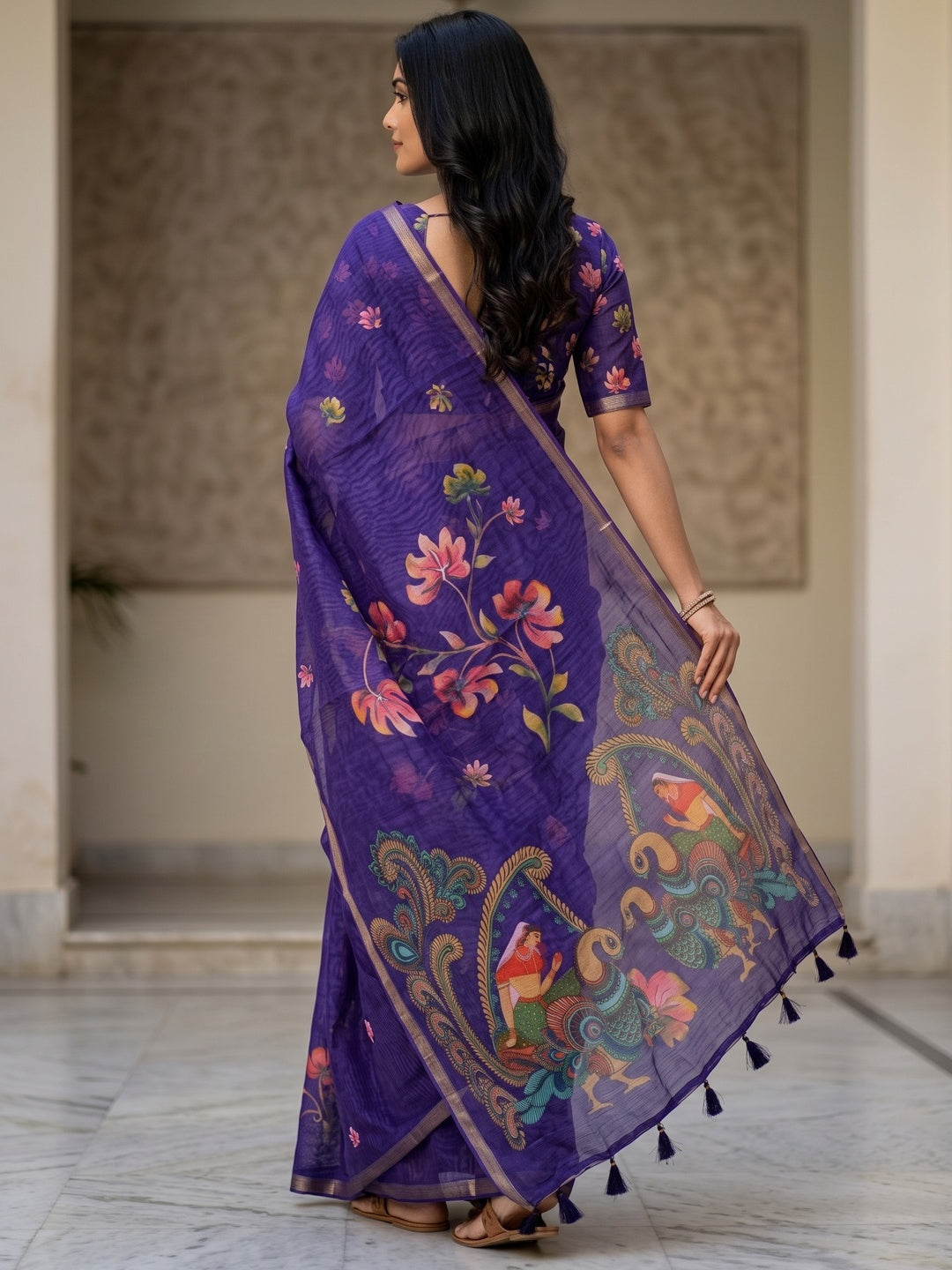 Peachmode Purple Kalamkari Printed Chanderi Linen Saree - Image 5