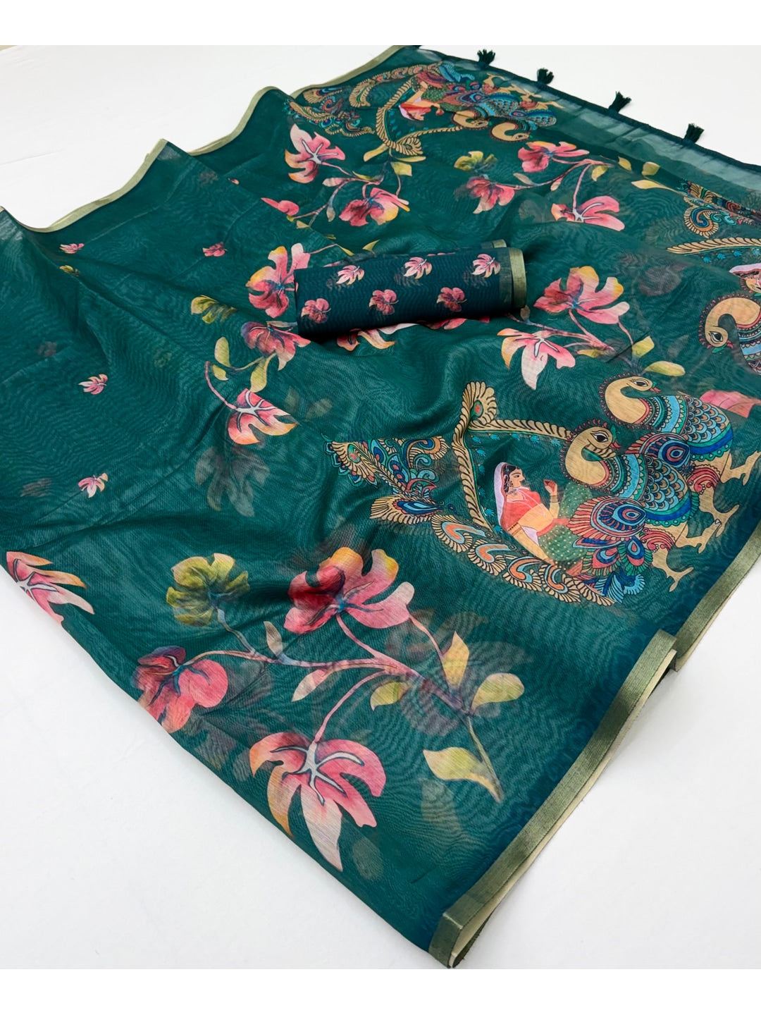 Peachmode Teal Kalamkari Printed Chanderi Linen Saree - Image 2