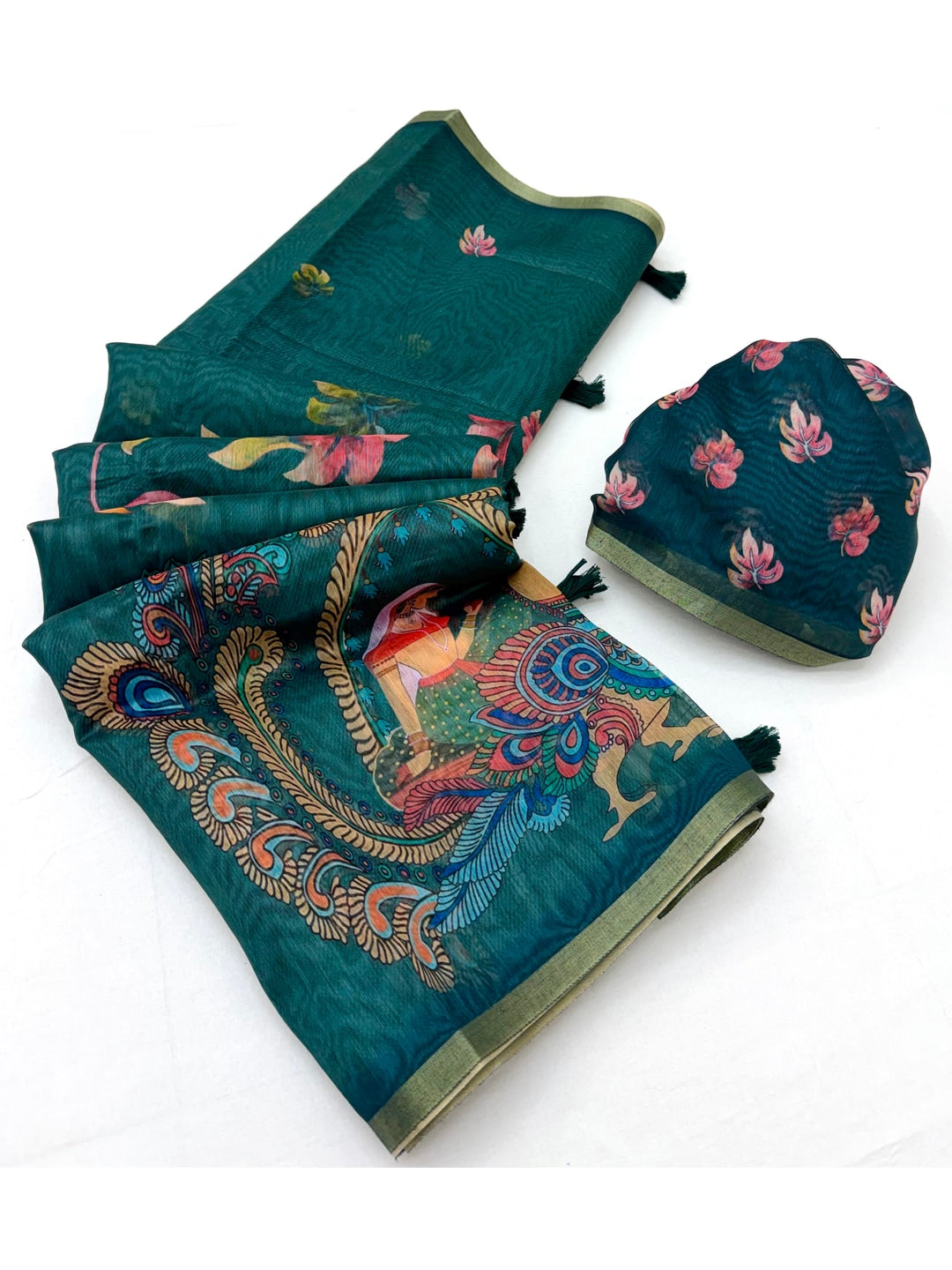 Peachmode Teal Kalamkari Printed Chanderi Linen Saree - Image 3