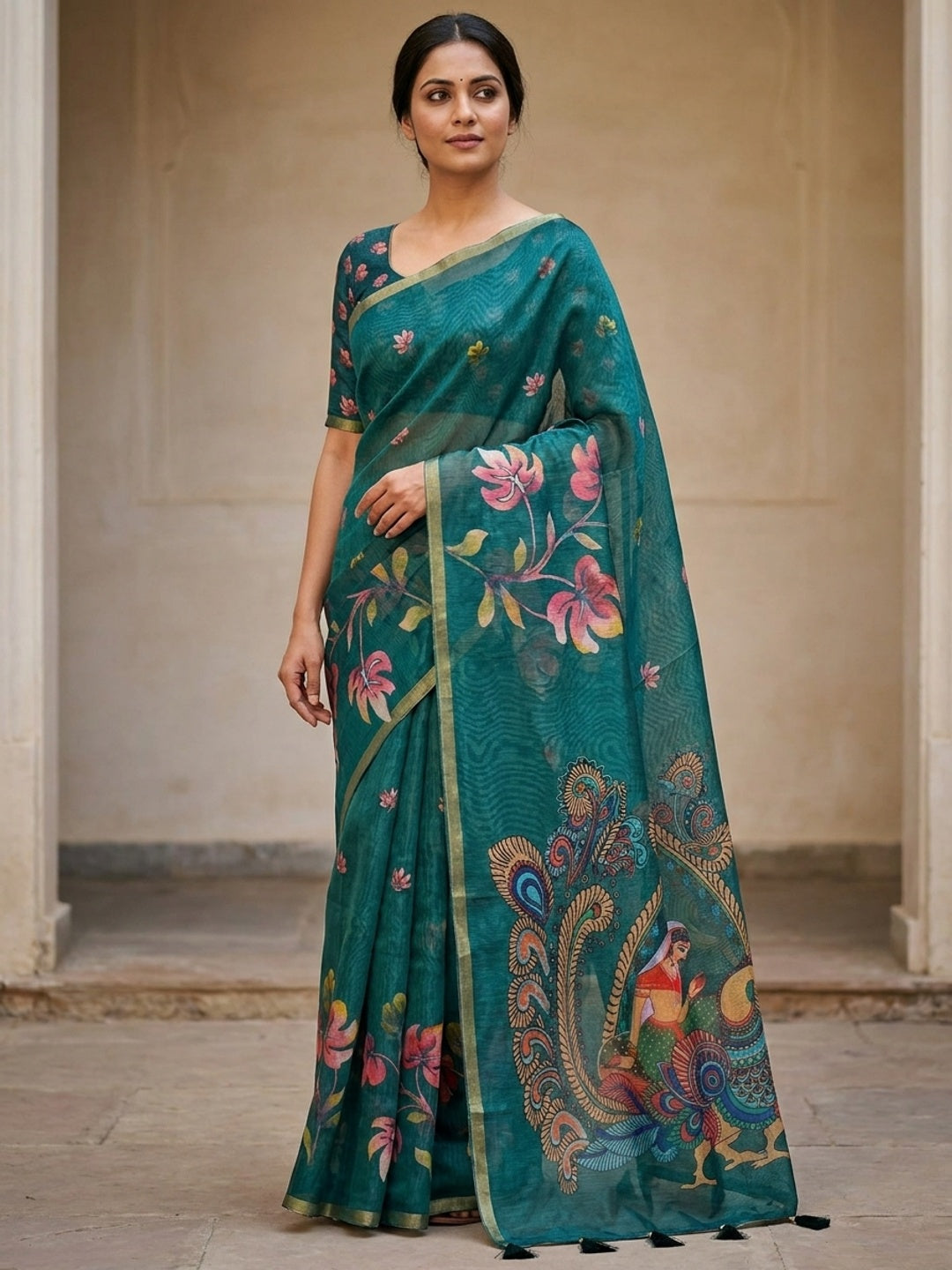 Peachmode Teal Kalamkari Printed Chanderi Linen Saree - Image 1