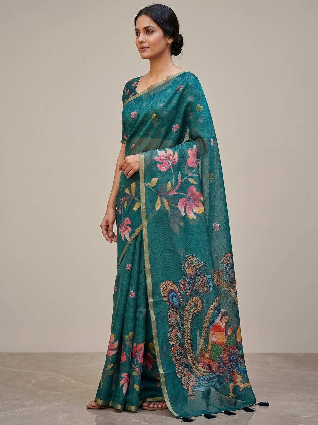 Peachmode Teal Kalamkari Printed Chanderi Linen Saree - Image 4