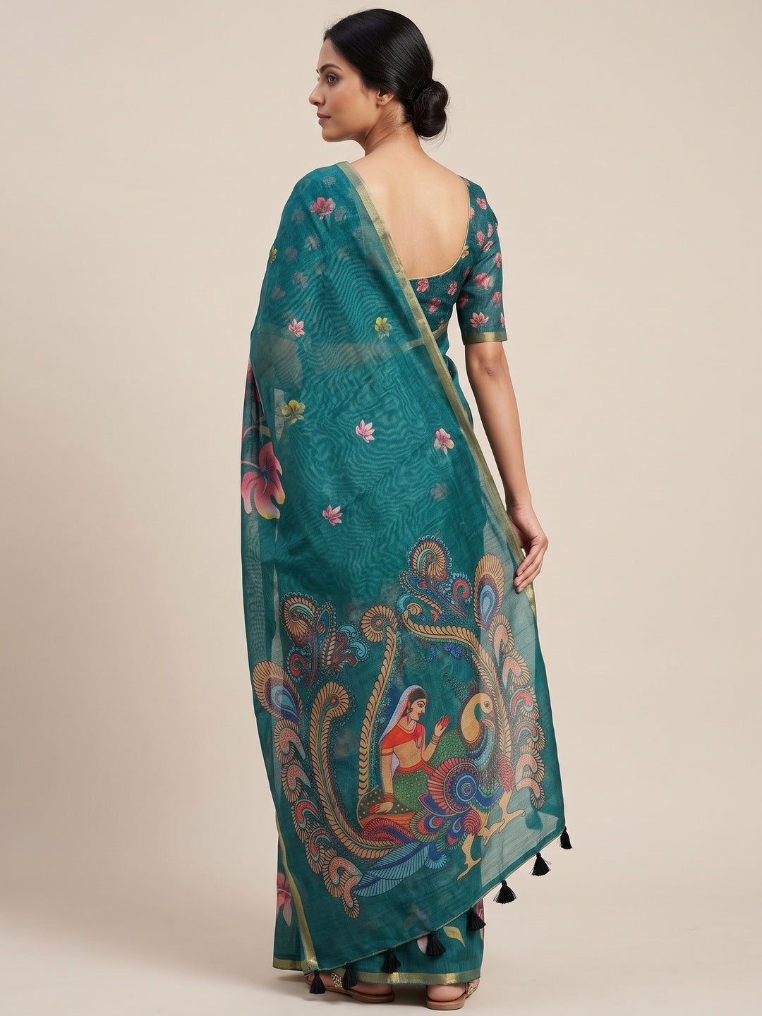 Peachmode Teal Kalamkari Printed Chanderi Linen Saree - Image 5