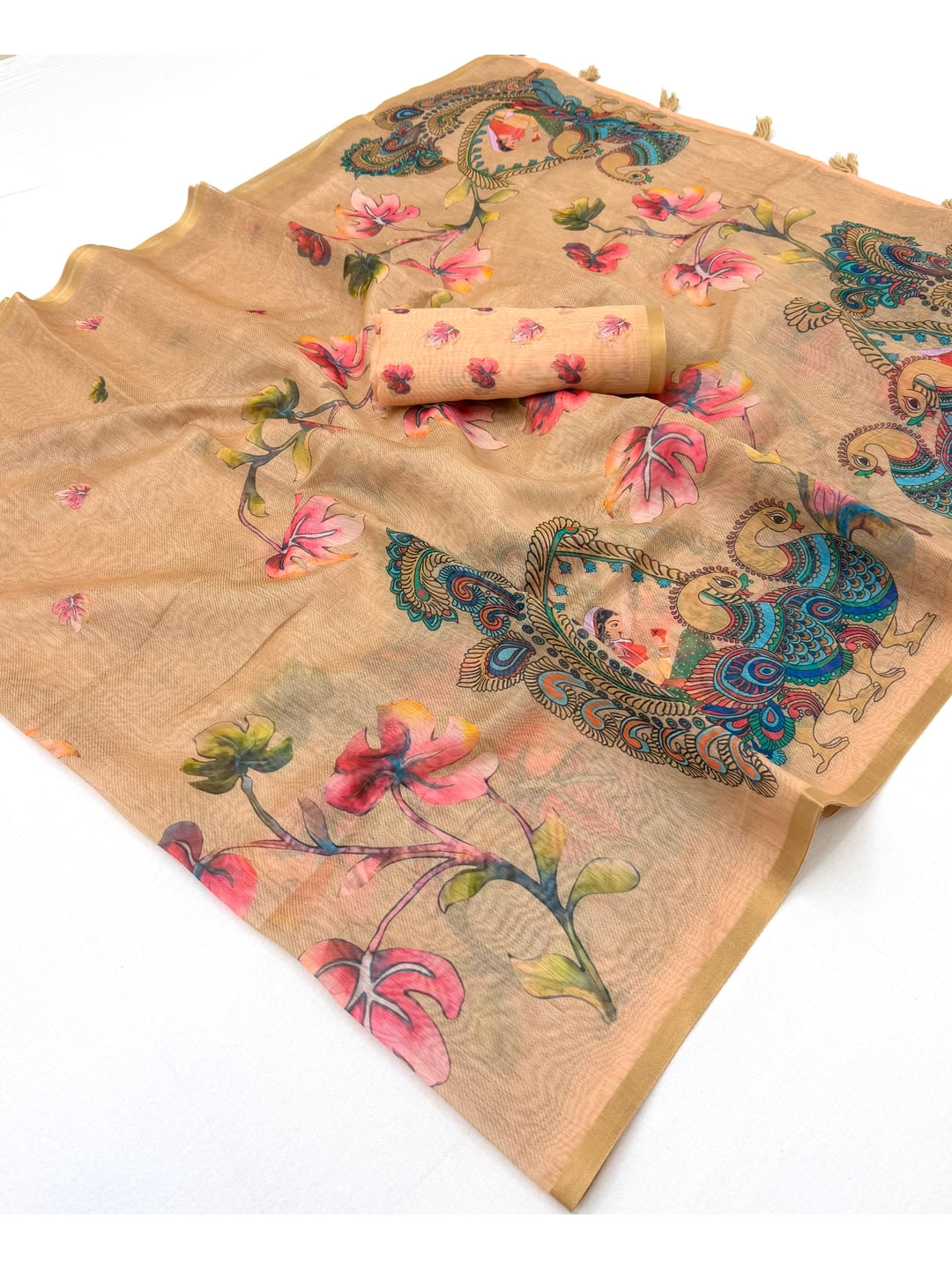 Peachmode Beige Kalamkari Printed Chanderi Linen Saree - Image 3