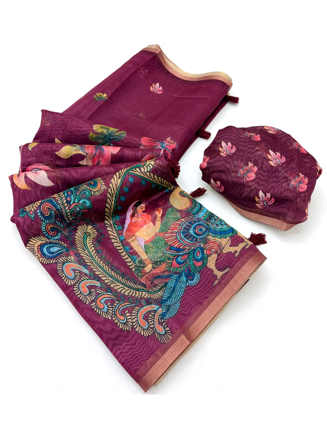 Peachmode Wine Kalamkari Printed Chanderi Linen Saree - Image 2