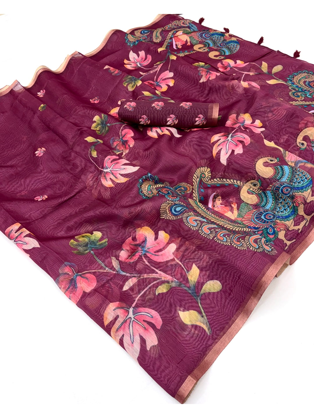 Peachmode Wine Kalamkari Printed Chanderi Linen Saree - Image 3