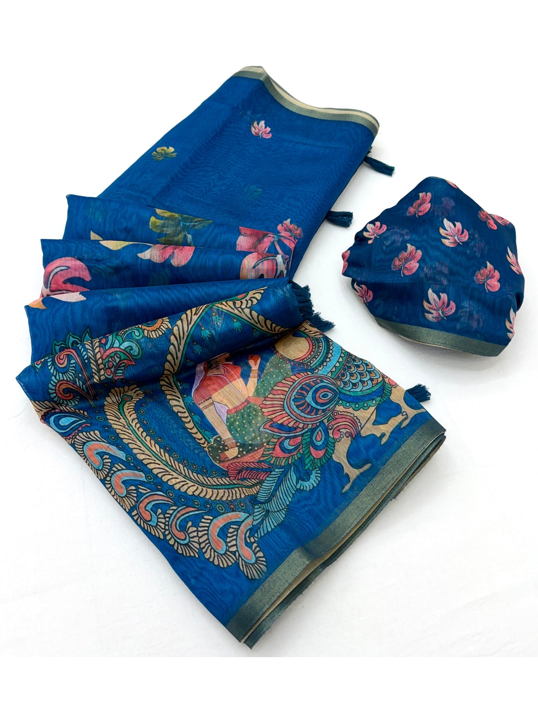 Peachmode Blue Kalamkari Printed Chanderi Linen Saree - Image 2