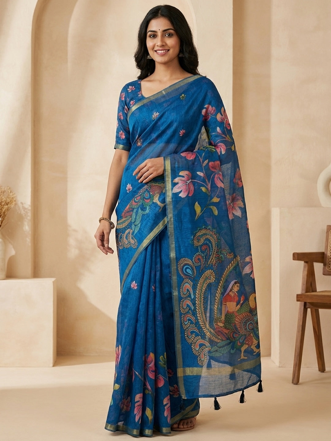 Peachmode Blue Kalamkari Printed Chanderi Linen Saree - Image 1
