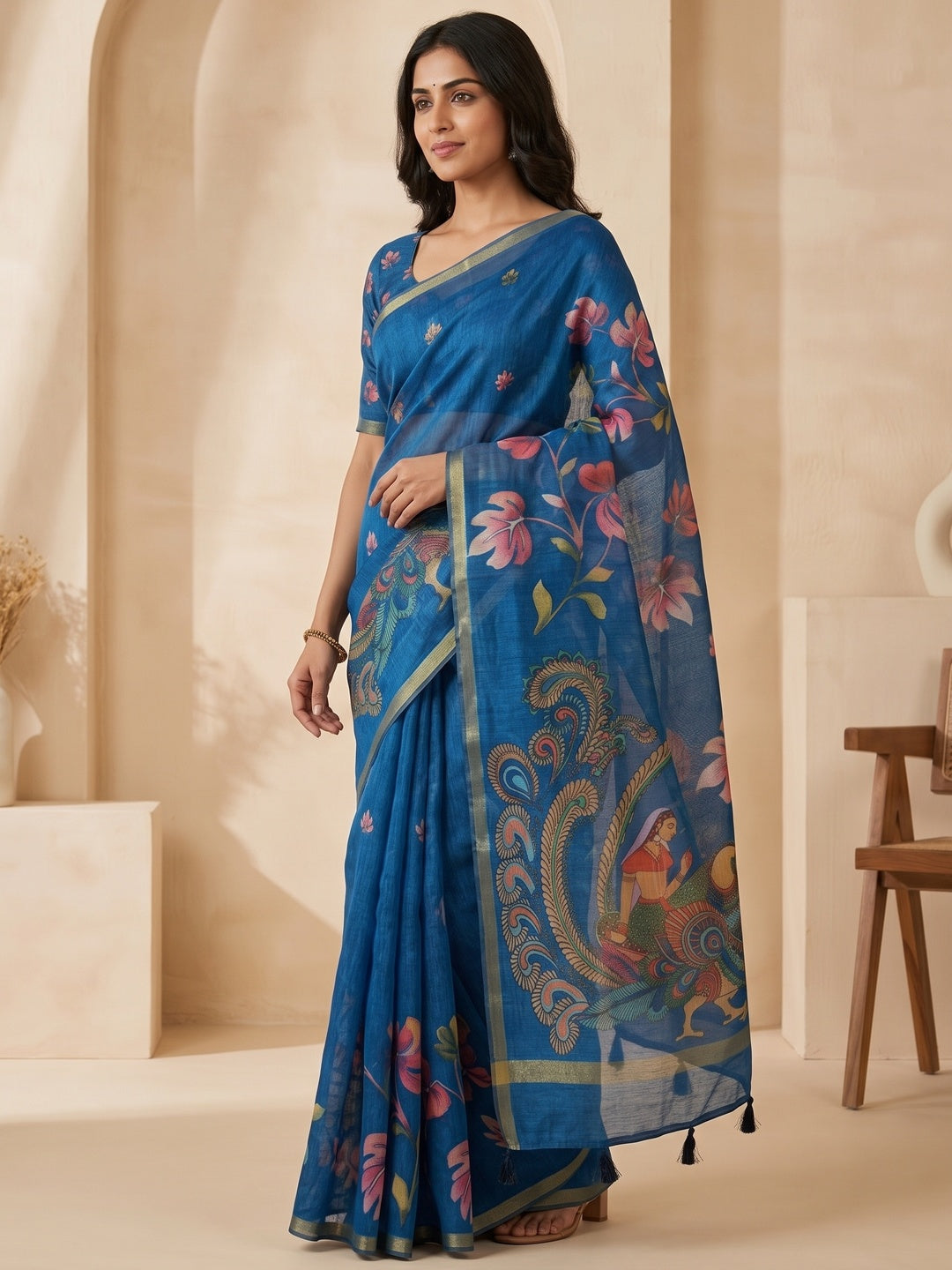 Peachmode Blue Kalamkari Printed Chanderi Linen Saree - Image 4