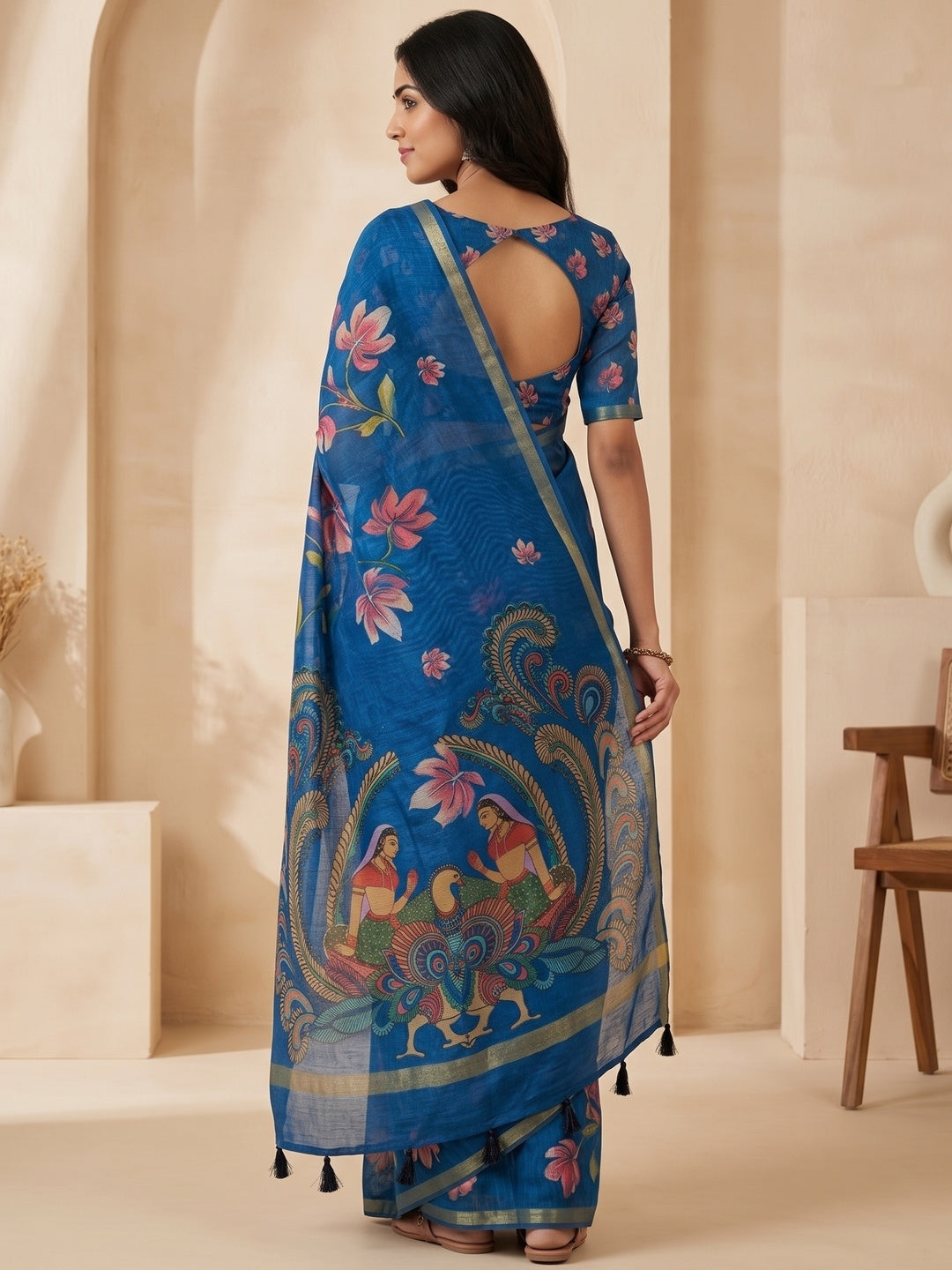 Peachmode Blue Kalamkari Printed Chanderi Linen Saree - Image 5