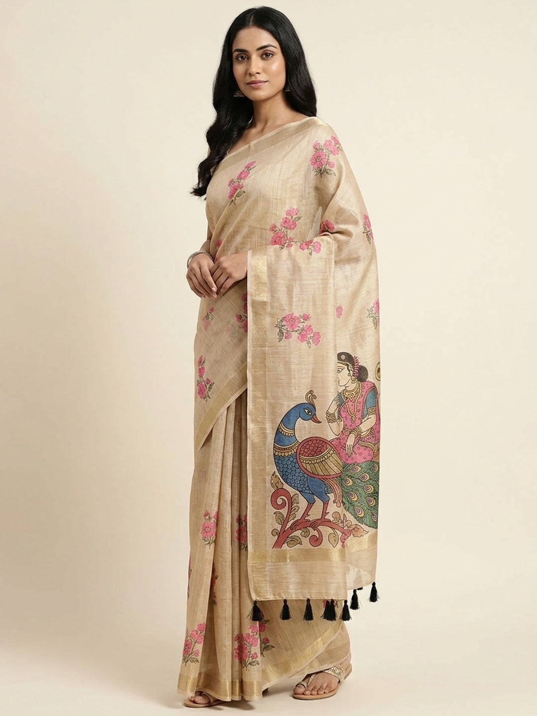 Peachmode Beige Kalamkari Printed Chanderi Linen Saree - Image 1