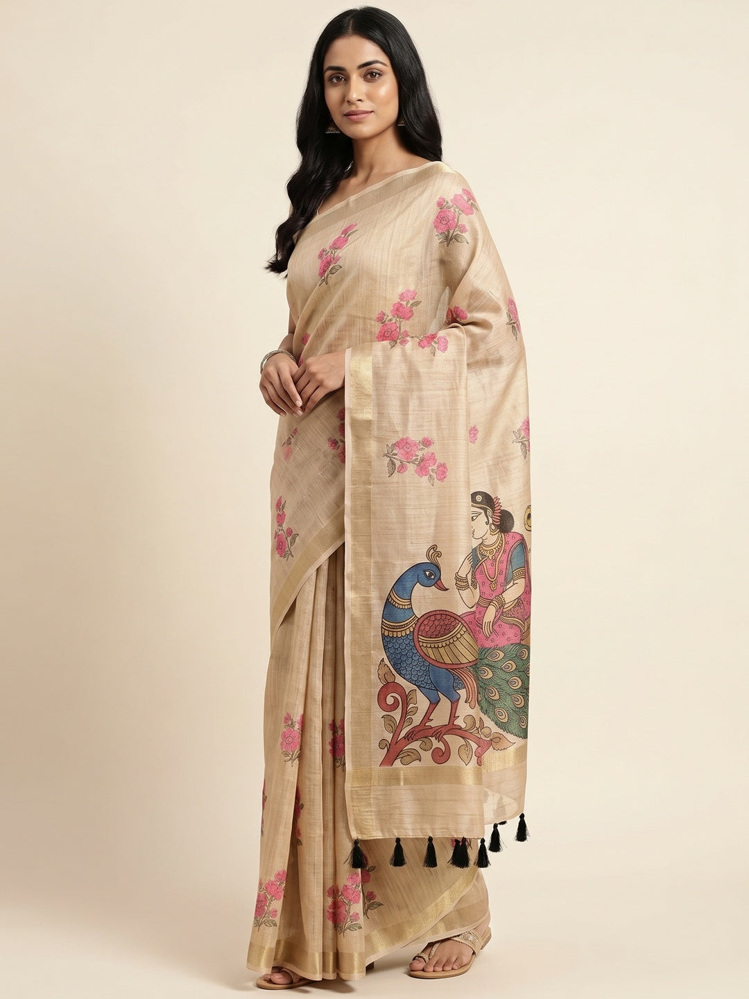 Peachmode Beige Kalamkari Printed Chanderi Linen Saree - Image 4