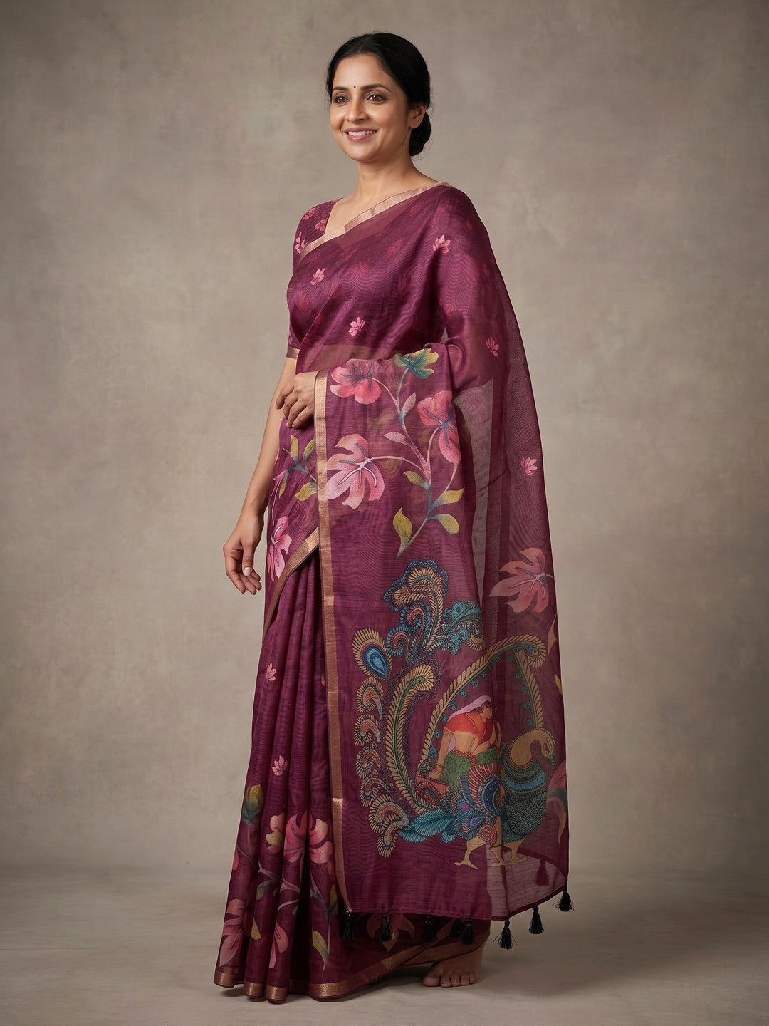 Peachmode Wine Kalamkari Printed Chanderi Linen Saree - Image 4