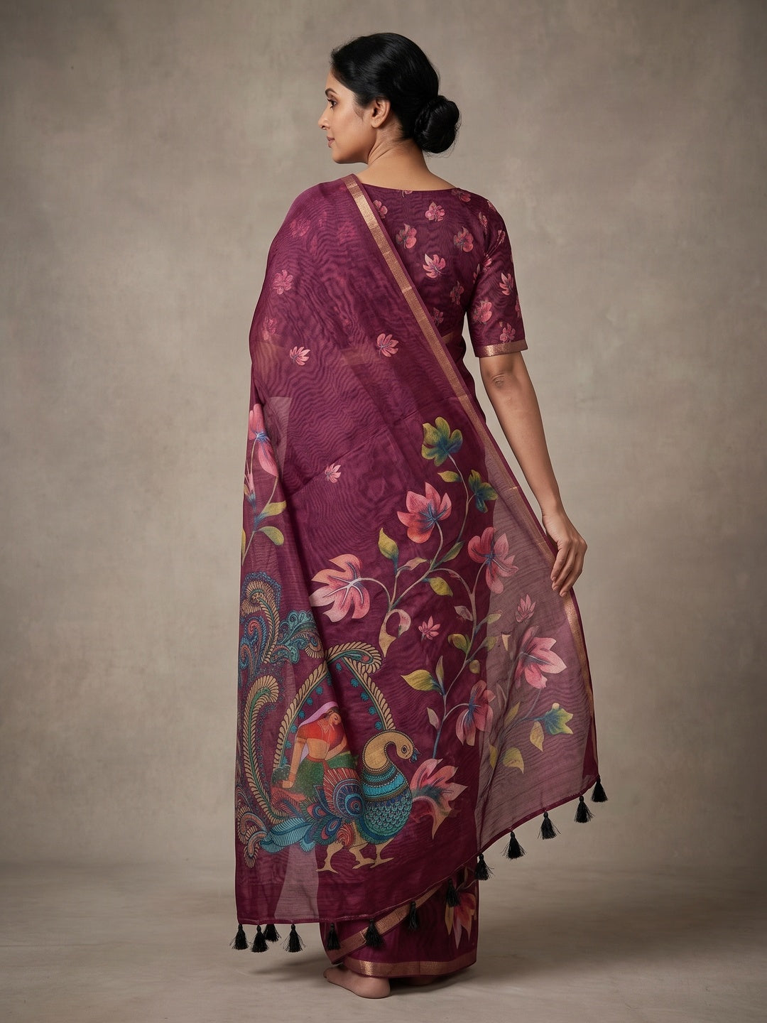 Peachmode Wine Kalamkari Printed Chanderi Linen Saree - Image 5