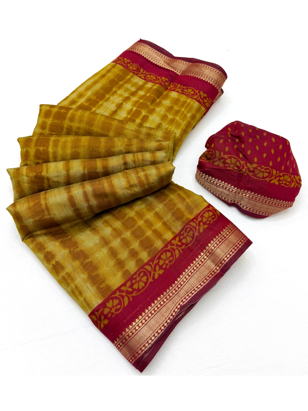 Peachmode Mustard Tie Dye Printed Mul Cotton Saree - Image 3