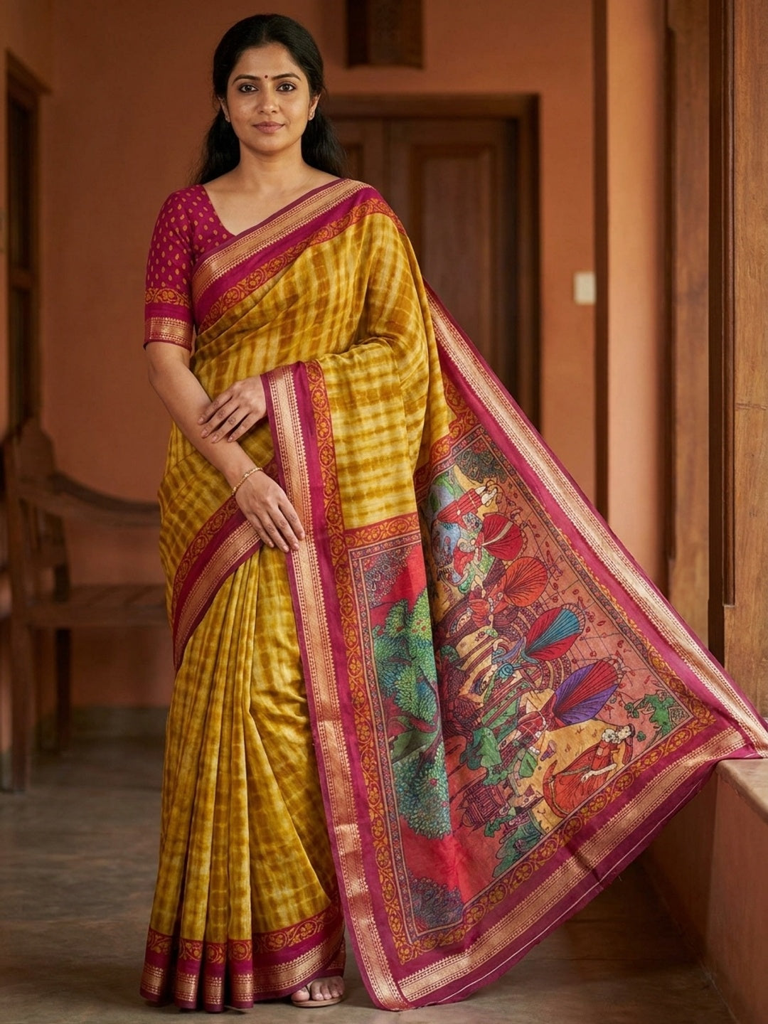Peachmode Mustard Tie Dye Printed Mul Cotton Saree - Image 1