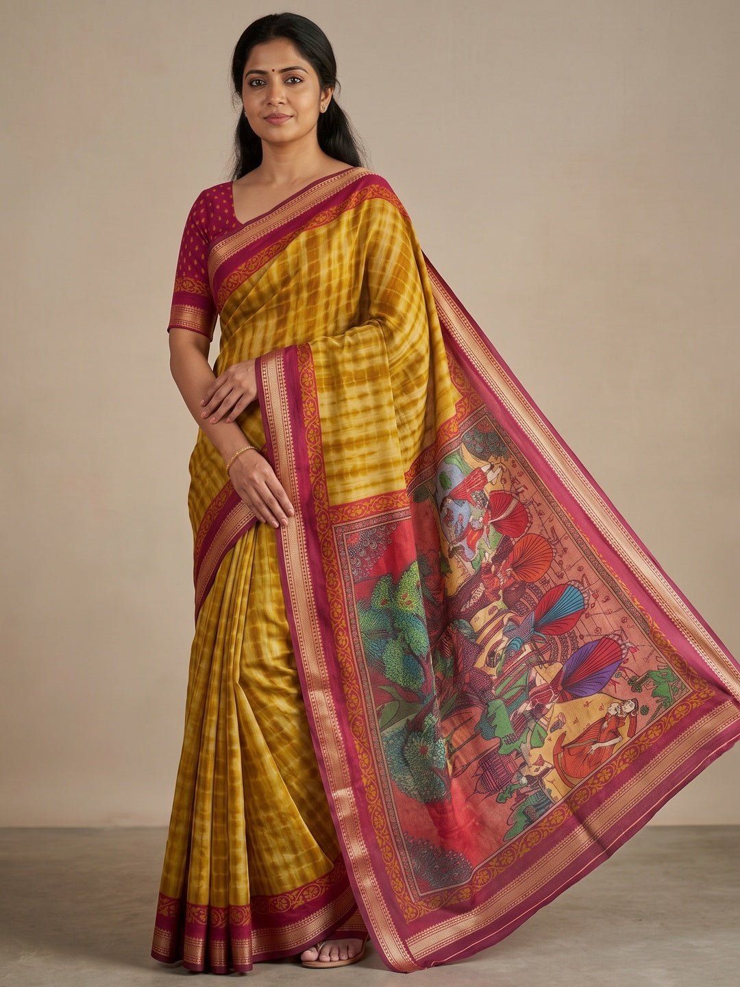 Peachmode Mustard Tie Dye Printed Mul Cotton Saree - Image 4