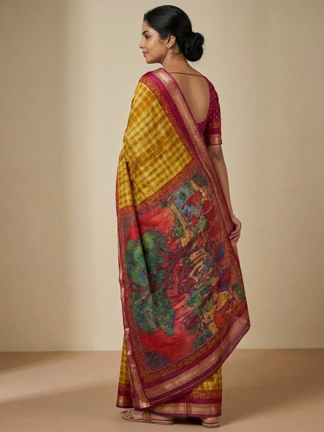 Peachmode Mustard Tie Dye Printed Mul Cotton Saree - Image 5