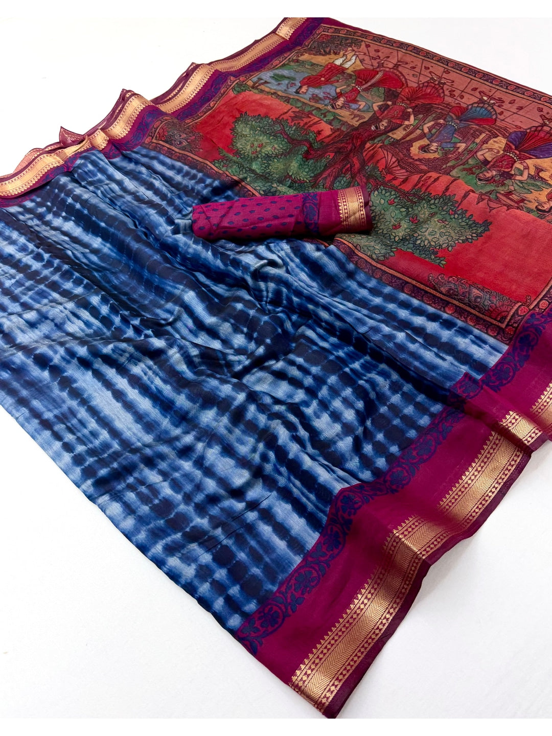 Peachmode Blue Tie Dye Printed Mul Cotton Saree - Image 2