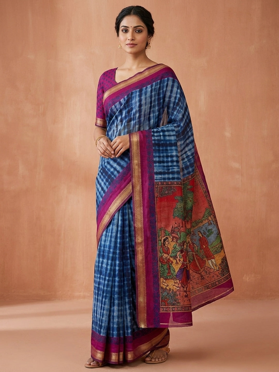 Peachmode Blue Tie Dye Printed Mul Cotton Saree - Image 1