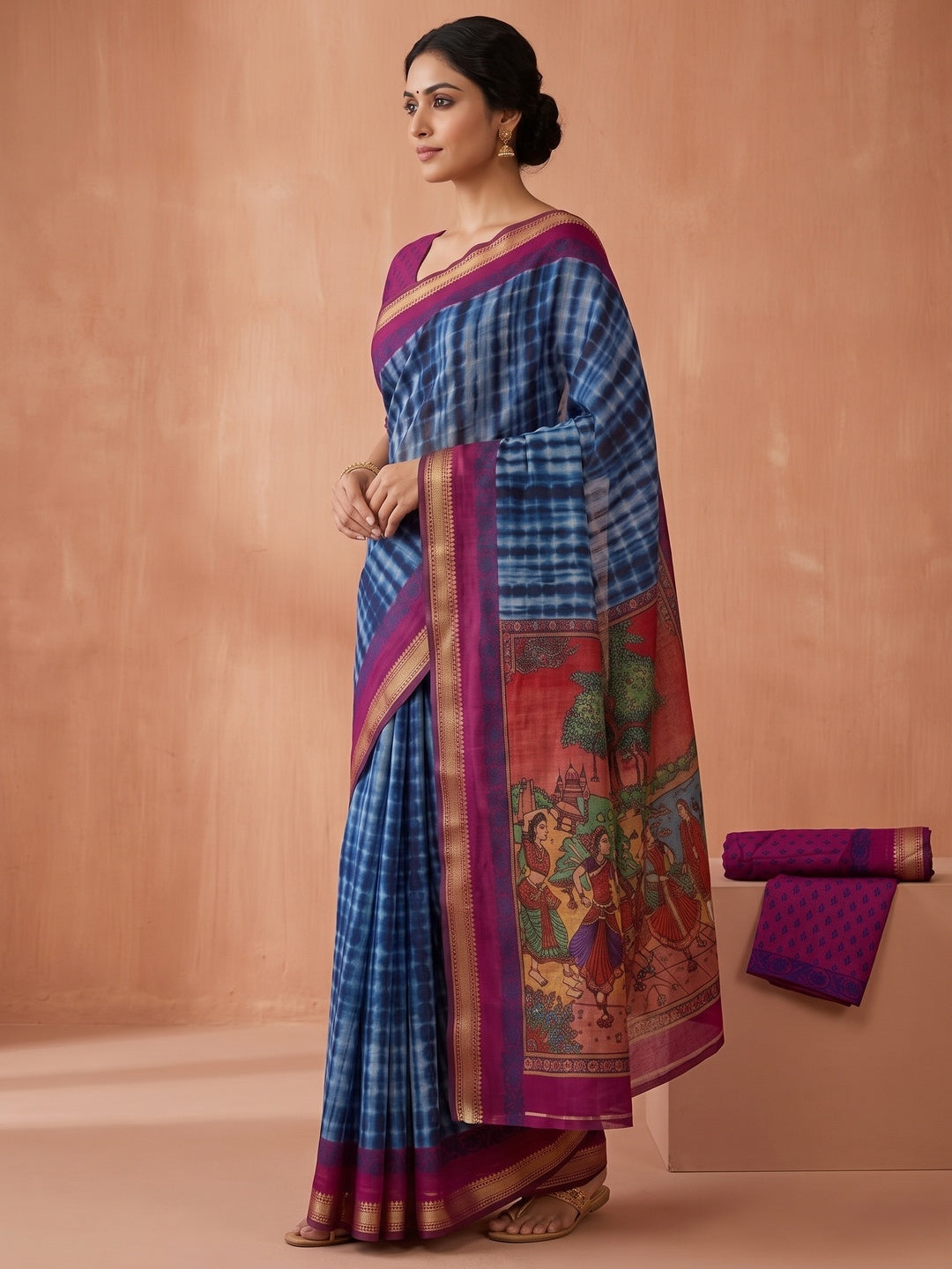 Peachmode Blue Tie Dye Printed Mul Cotton Saree - Image 4