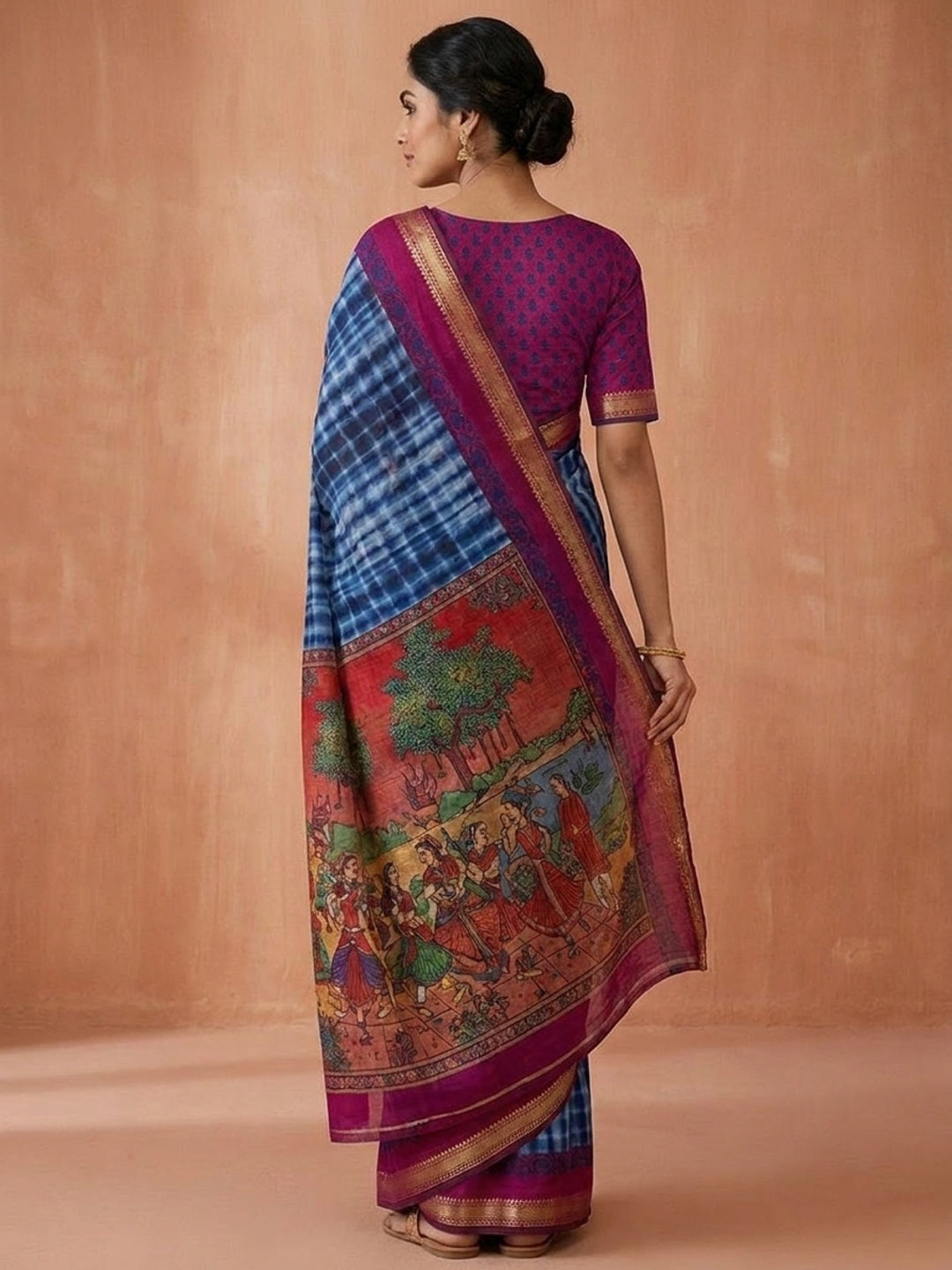 Peachmode Blue Tie Dye Printed Mul Cotton Saree - Image 5