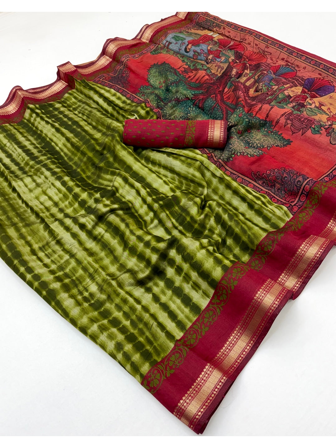 Peachmode Green Tie Dye Printed Mul Cotton Saree - Image 2