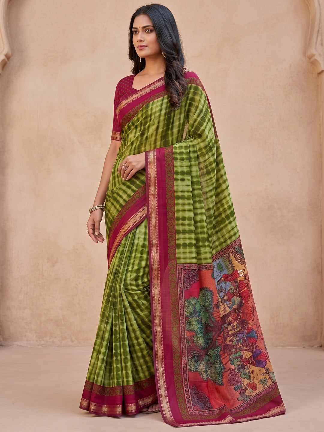 Peachmode Green Tie Dye Printed Mul Cotton Saree - Image 4