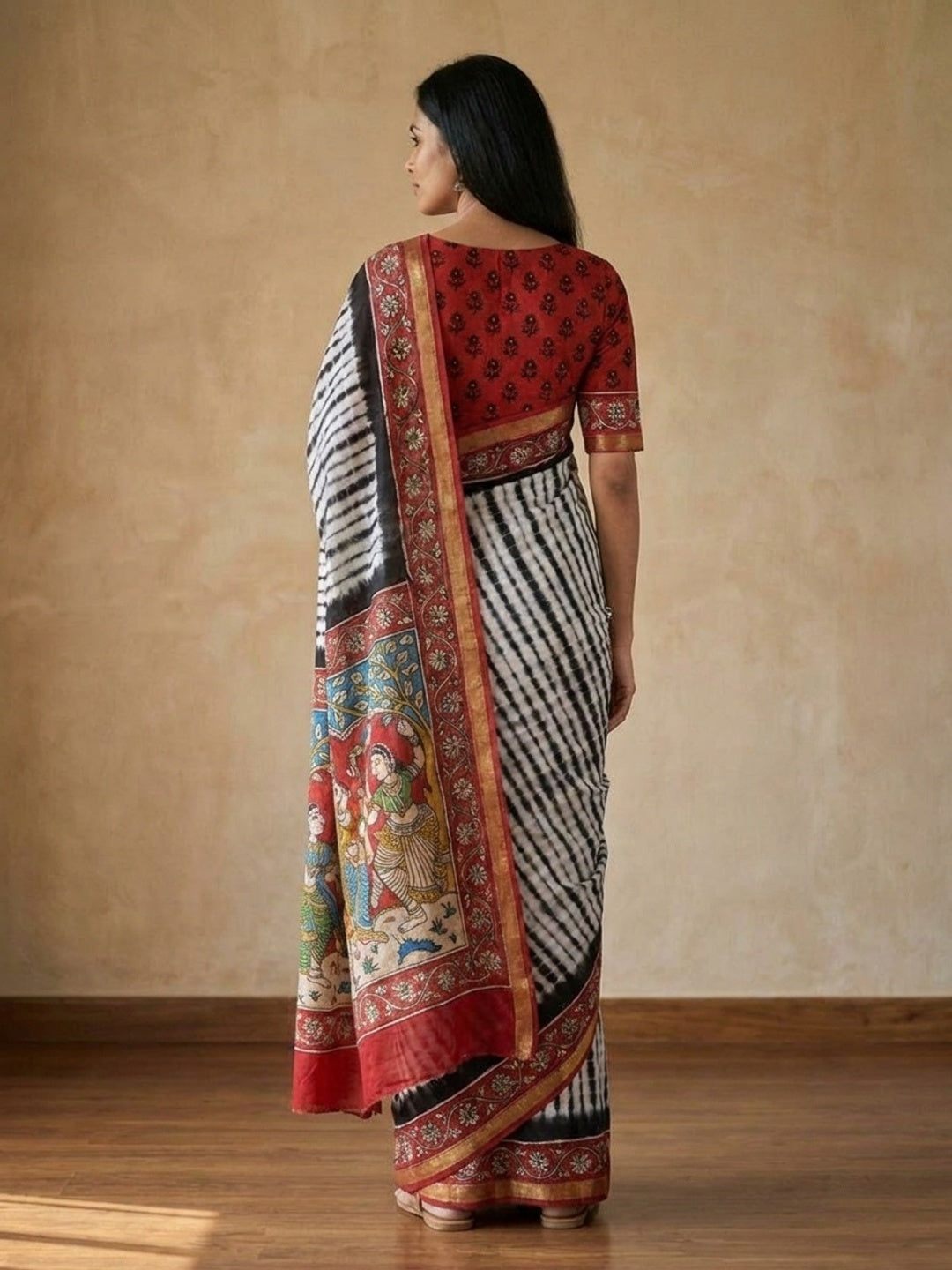 Peachmode Black Tie Dye Printed Mul Cotton Saree - Image 5
